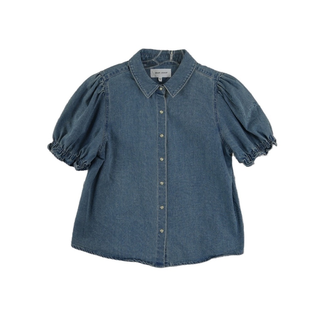 Dear John Denim Jean Puff Sleeve Pearl Button Top Womens Size Small 100% Cotton - Picture 2 of 5